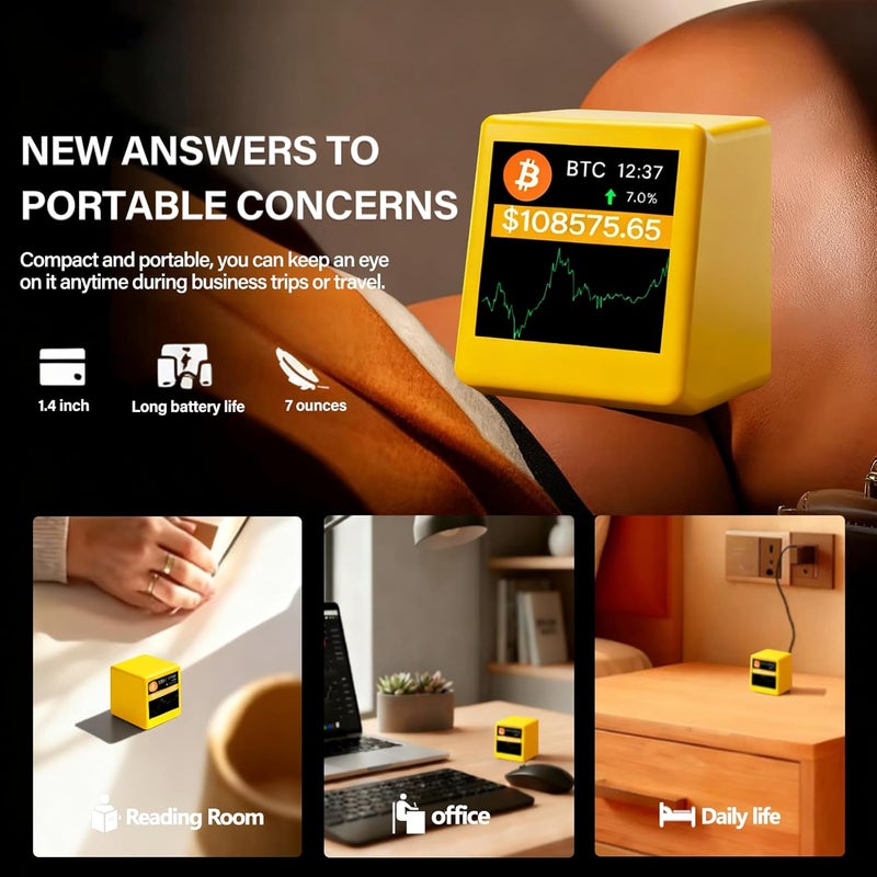 Zelmor Bitcoin Ticker - Crypto Price Display Ticker for Top 1,000 Coins, Office and Home Uses Wi-Fi, 1.54" Diagonal -Yellow - Image 5